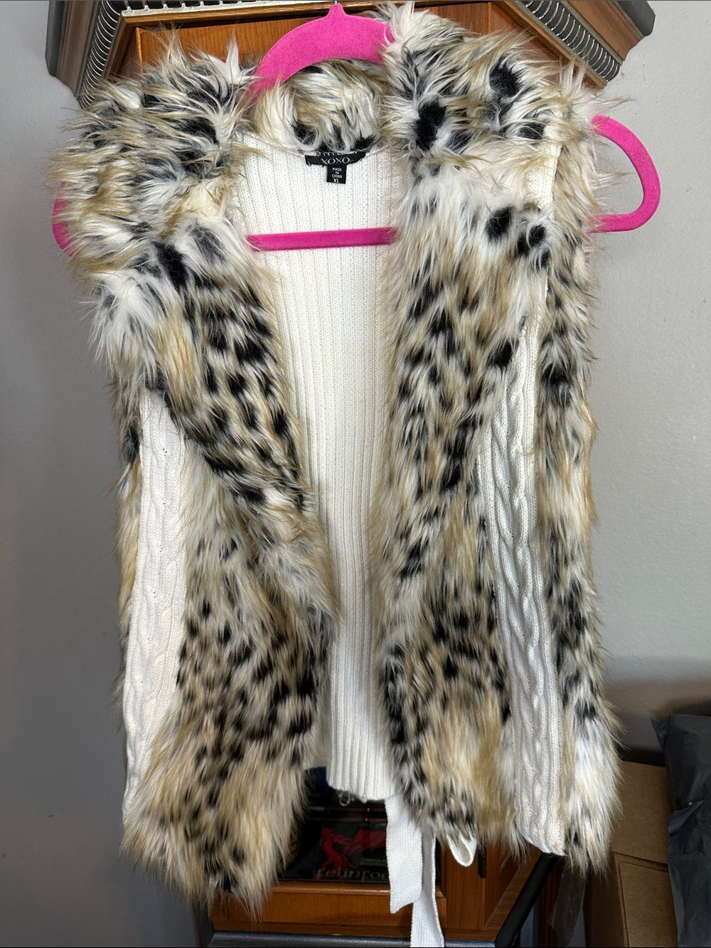 XOXO Cream Cable Knit Vest with Faux Leopard-Print Fur Trim